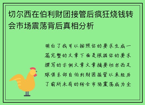 切尔西在伯利财团接管后疯狂烧钱转会市场震荡背后真相分析