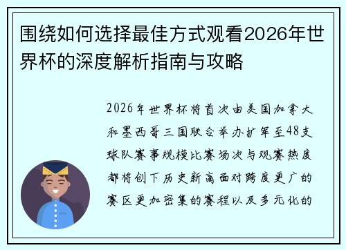 围绕如何选择最佳方式观看2026年世界杯的深度解析指南与攻略 围绕如何选择最佳方式观看2026年世界杯的深度解析指南与攻略